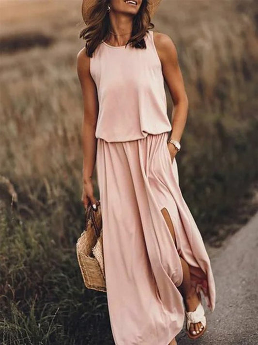 Women Vintage Boho Sleeveless Round Neck Solid Maxi Weaving Dress Pink