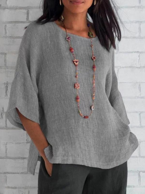 Women's Seven-point Sleeve Round Neck Cotton Linen Shirt Top Grey