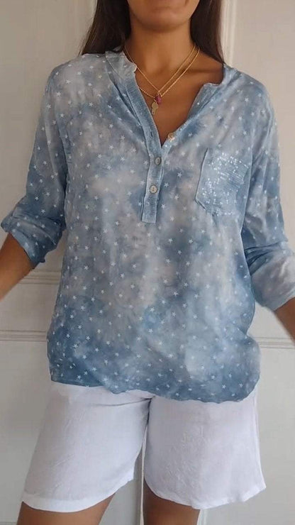 Lapel Long-sleeved Star Print Top