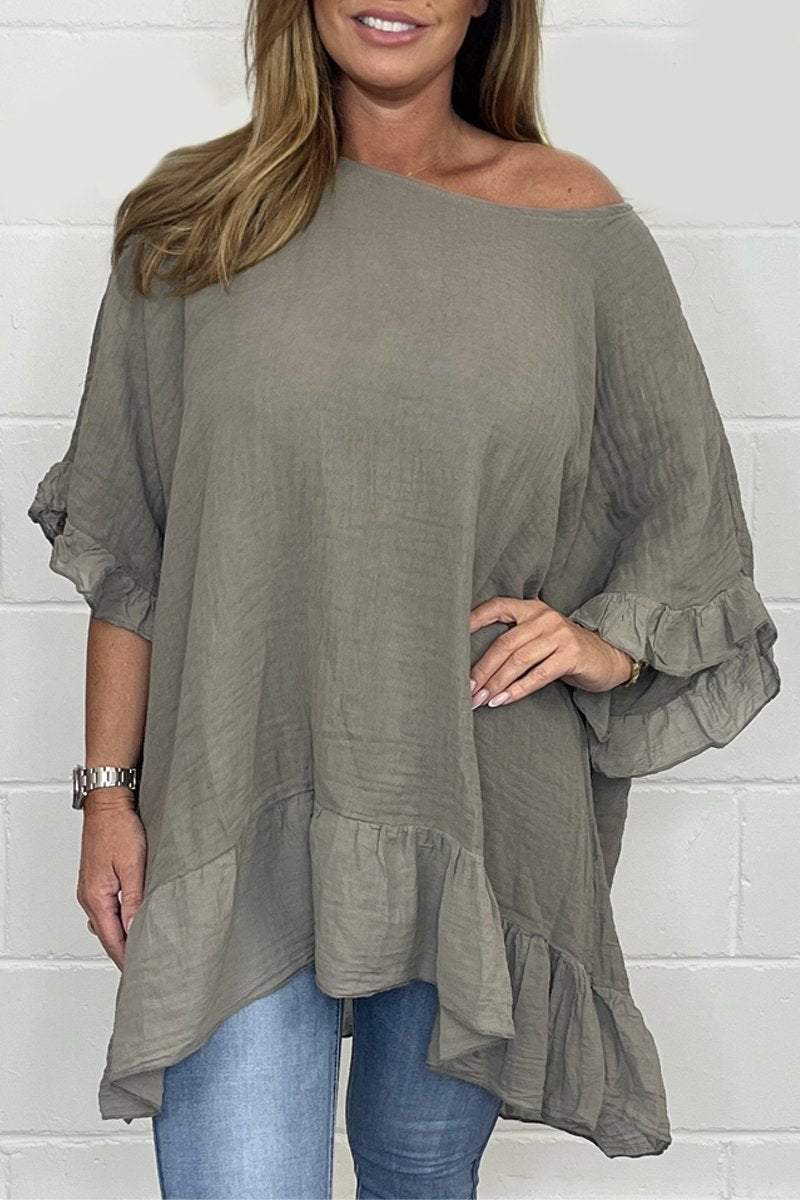 Solid color loose cotton and linen top Gray