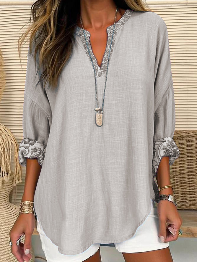 Women's V-neck Casual Printed Long-sleeved Shirt gray