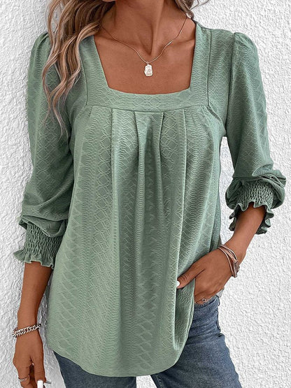 Jacquard Plain Square Neck Loose Casual Long Sleeve T-Shirt