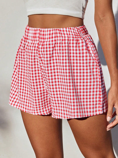 Plaid Print Casual Shorts red