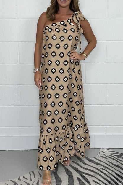 Women's Diamond Printed One Shoulder Maxi Dress