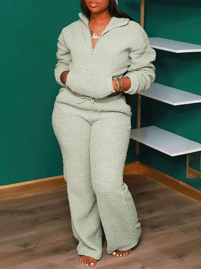 Casual Solid Color Pocket Polar Fleece Zipper Top and Pants Suit green