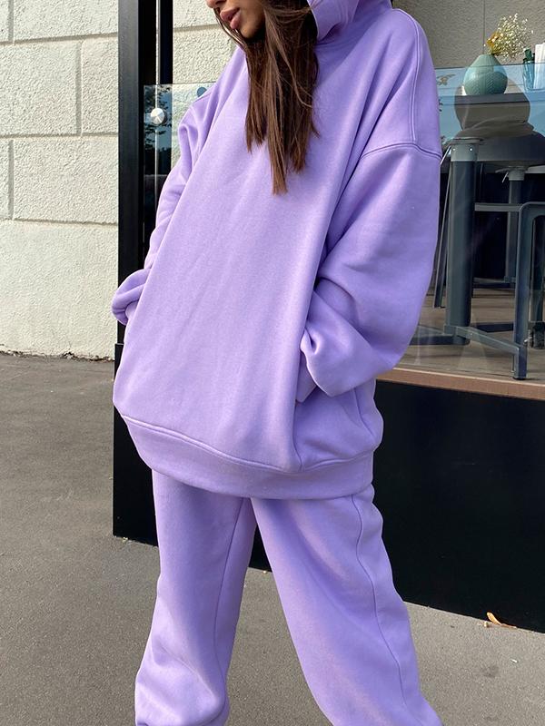 Solid Color Hooded Sweatshirt Casual Two Piece Set purple