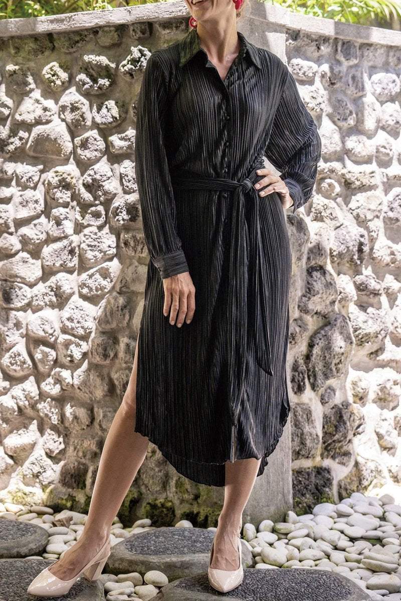 Pleated solid shirt dress Black