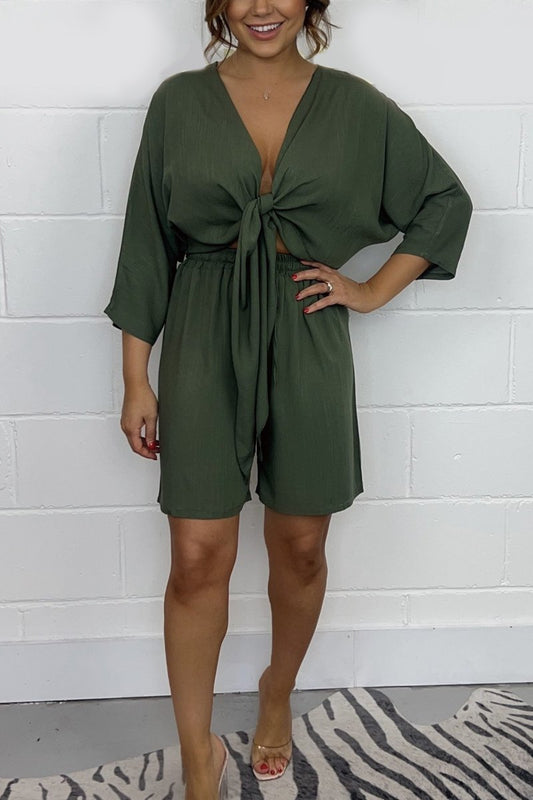 Tie Front Top & Long Shorts Co-Ord Army green