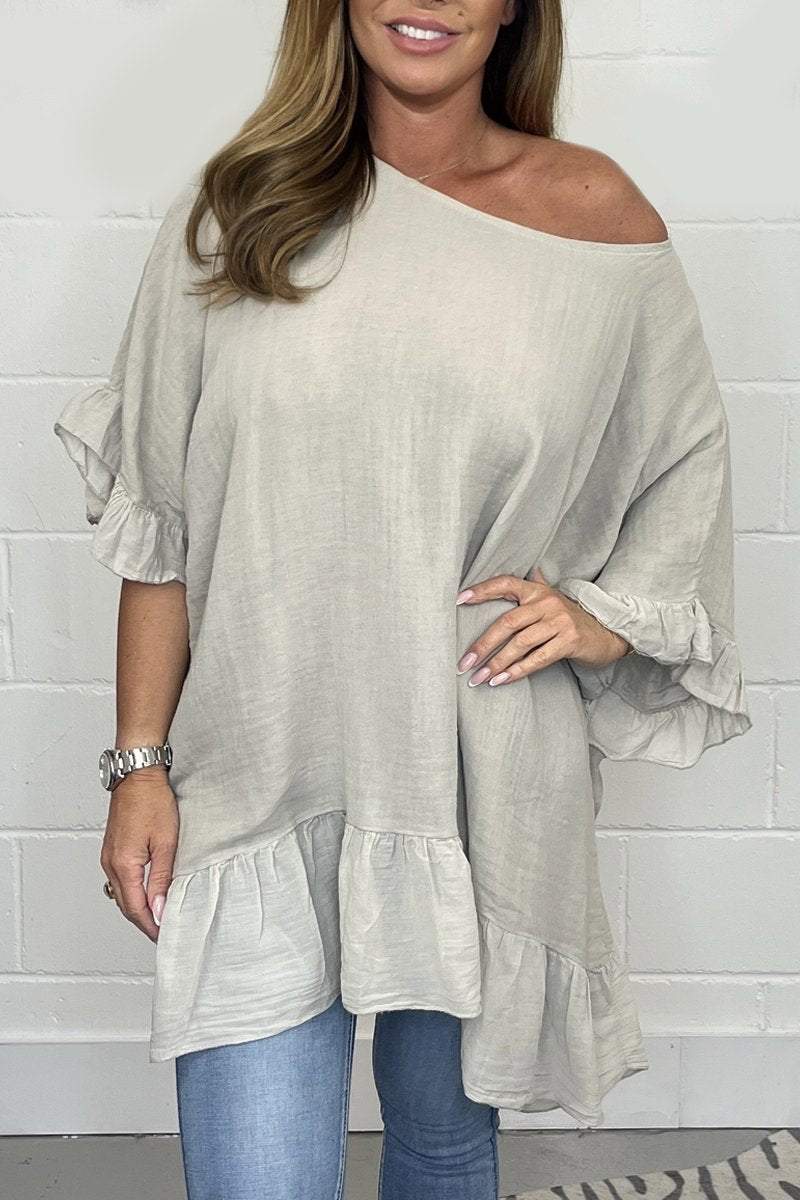 Solid color loose cotton and linen top Beige