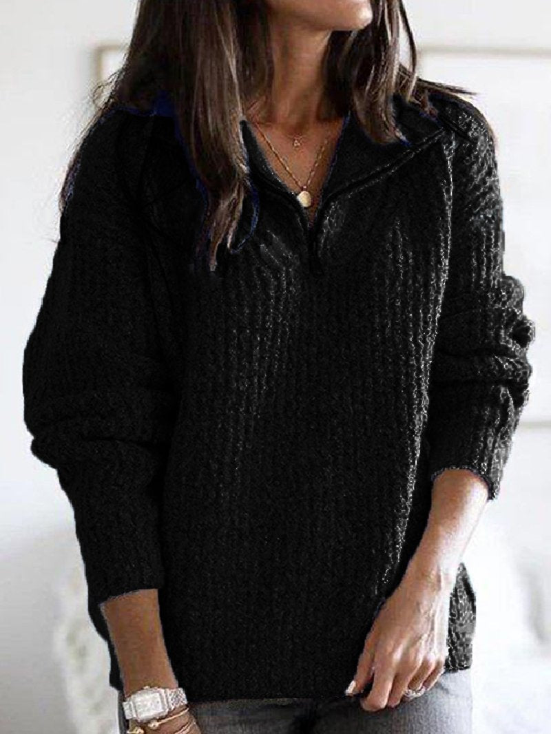 Autumn and Winter Zipper Pullover Long Sleeve Loose Sweater black