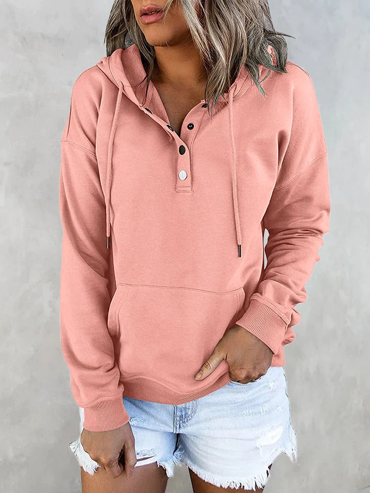 Hotouch Solid Button Front Hoodie with Pocket Pink