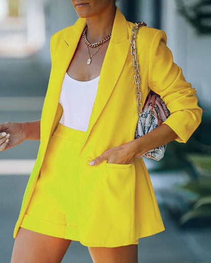 Women's Fashion Collar Open Front Blazer & Shorts Without Cami Top Yellow