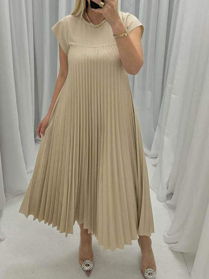 Round Neck Pleated Cap Sleeve Dress