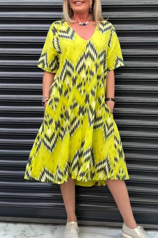 Printed v-neck dress yellow