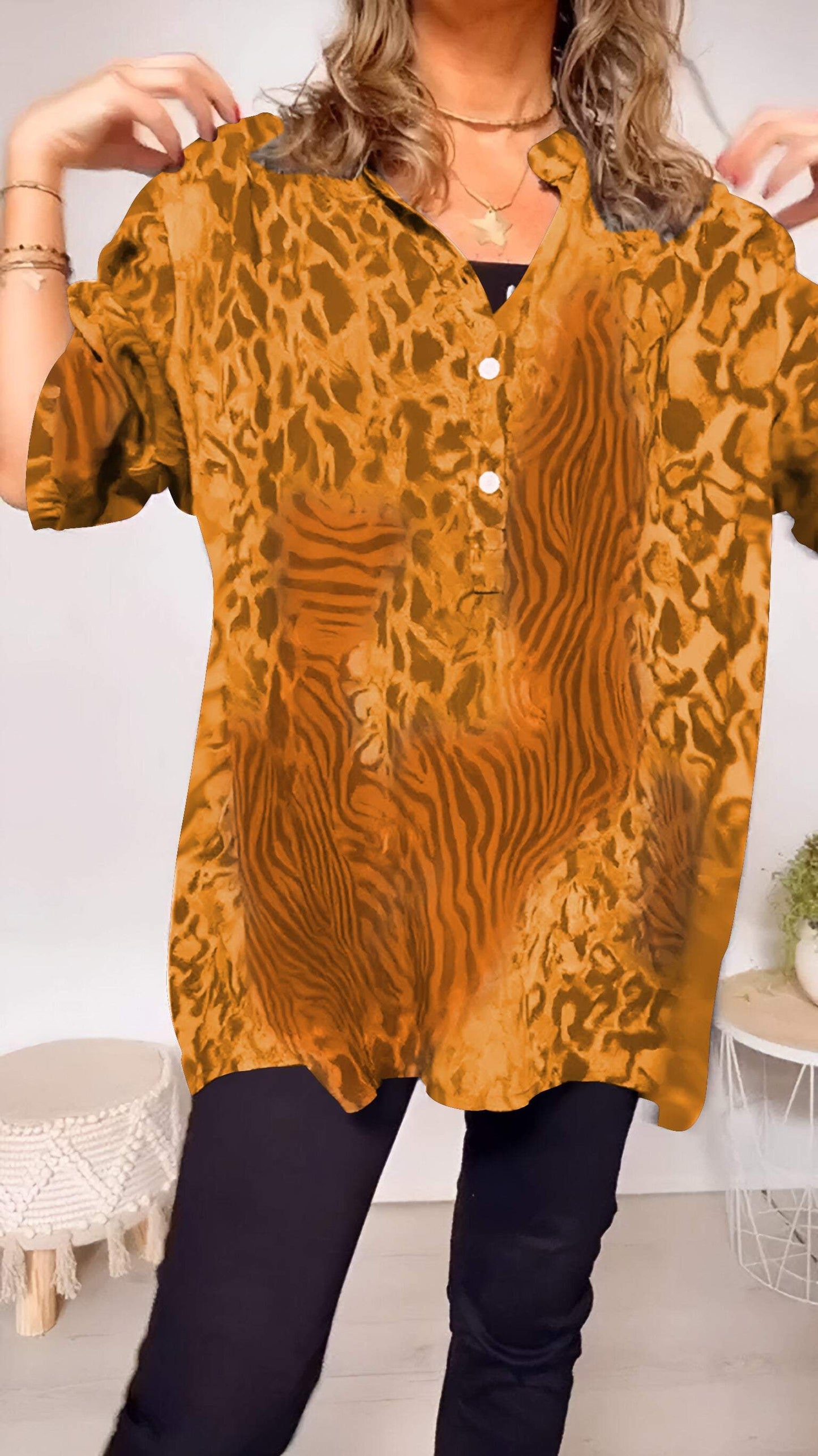 Women's V-neck Leopard Print Mid-sleeve Casual Top