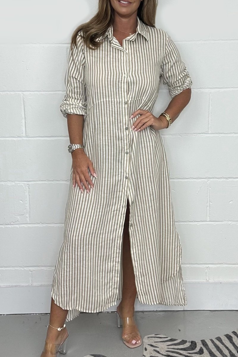 Women's Striped Button Long Shirt Dress Khaki