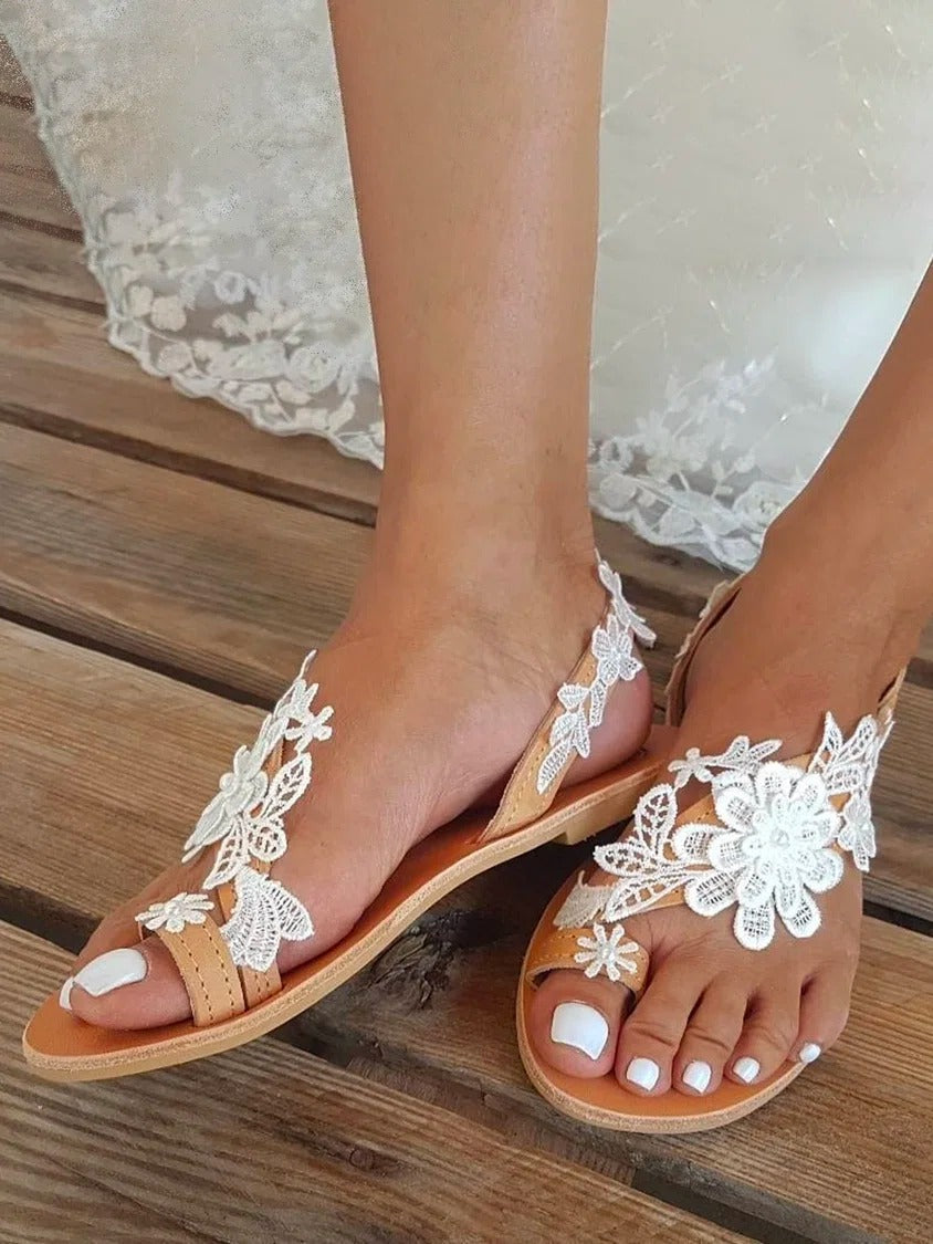 Pure White Flowers New Large Bohemian Flat Sandals