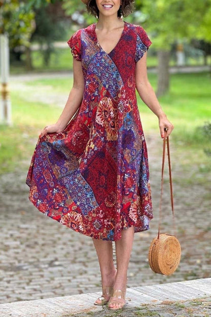 Women's Casual Printed V-Neck Short Sleeve Dress