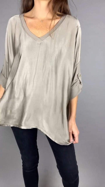 V-neck Casual Satin Mid-sleeve Top gray