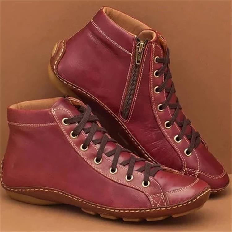 Round toe casual women's leather boots side zip martin boots Red