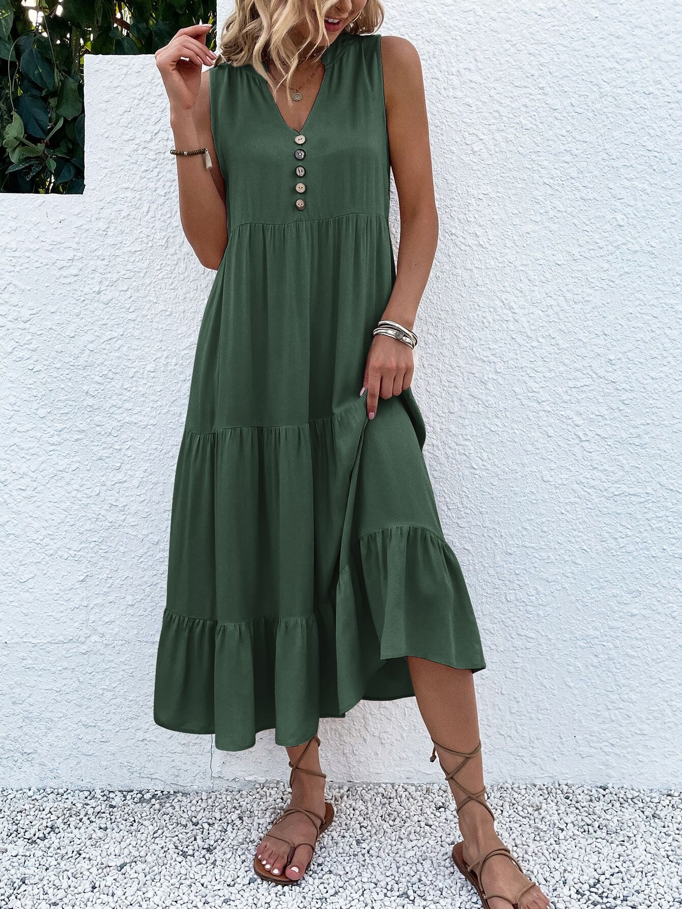 Button Detail Layered Hem Smock Dress Green