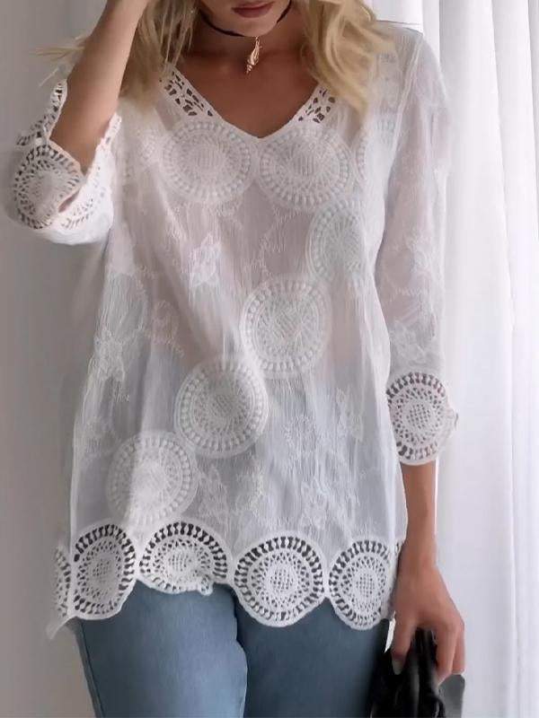 Casual V-neck Lace Hollow Top white