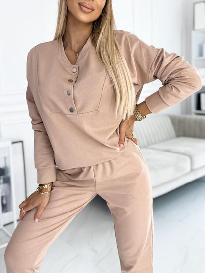 Women's Fashion Button Front Sweatshirt and Lined Pants Set