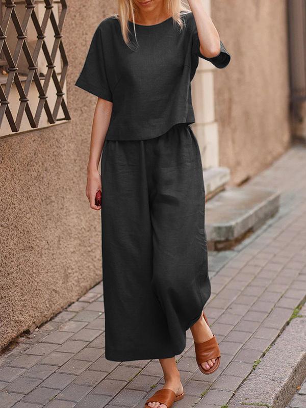 Loose Solid Color Shirt and Trousers Two-piece Set black