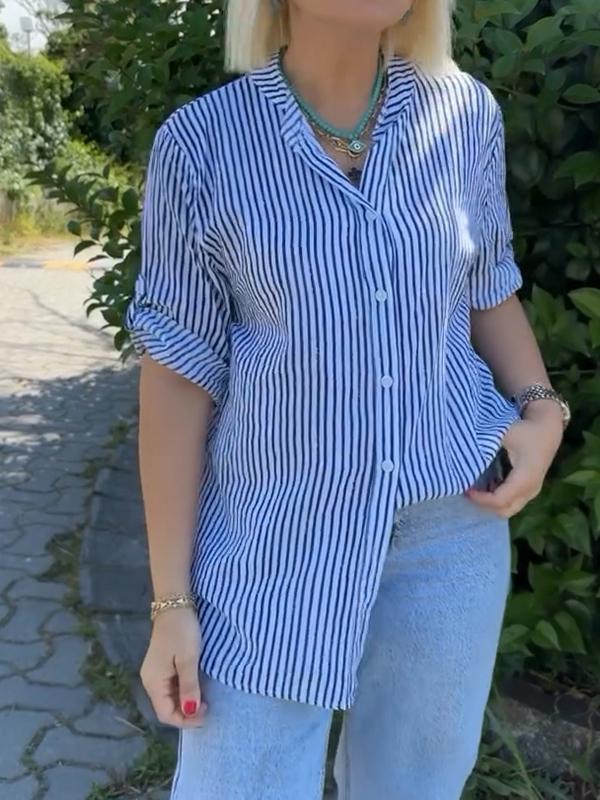 Casual V-neck Single-breasted Striped Top dark blue