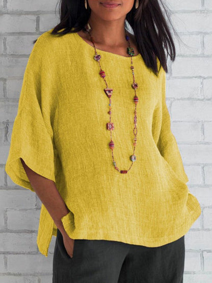 Fashion women's sleeve round neck cotton linen shirt yellow