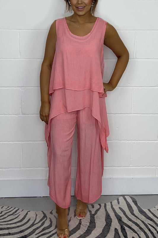 Casual sleeveless loose top and pants suit Peach