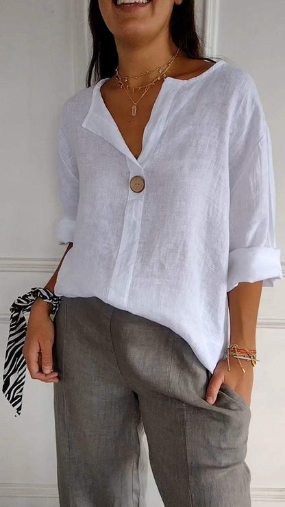 V-neck Mid-sleeve Cotton and Linen Top white