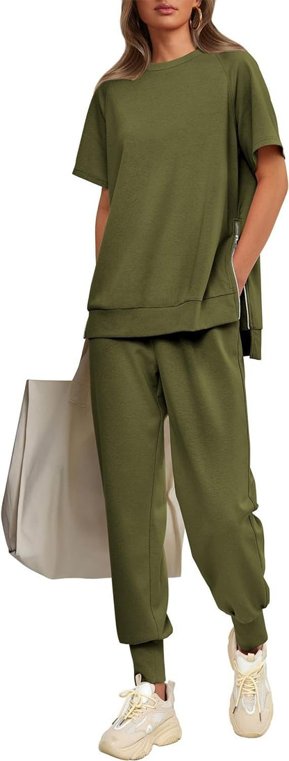 Round Neck Short Sleeve Side Zip Design Suit army green