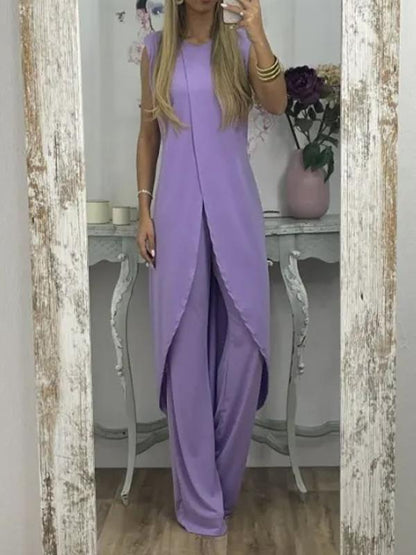 Casual slit top and trousers two-piece set Purple