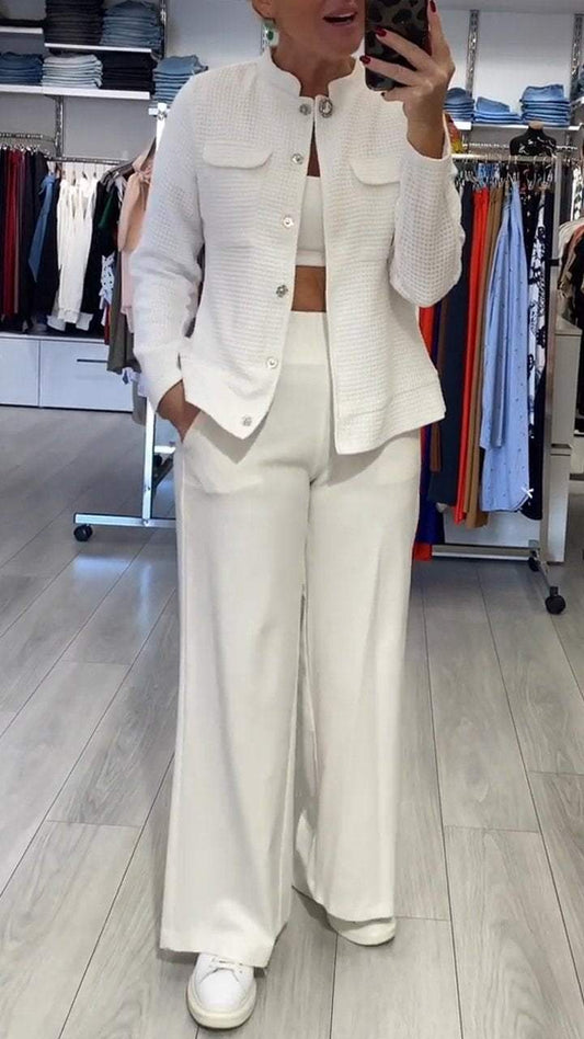 Round Neck Long Sleeve Elegant Two Piece Set white