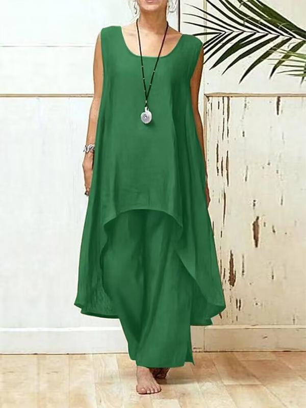 Cotton and Linen Casual Sleeveless Wide-leg Pants Two-piece Set Green