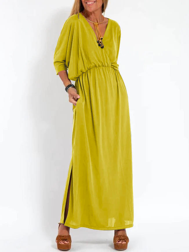 Women's Casual Solid Color V Neck Slit Dress Yellow