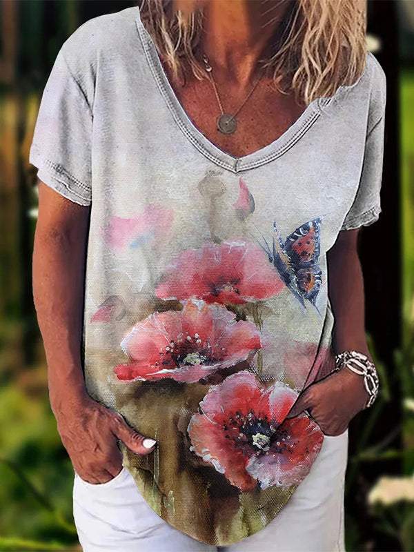 Casual V-neck Ink Printed Short-sleeved Top white