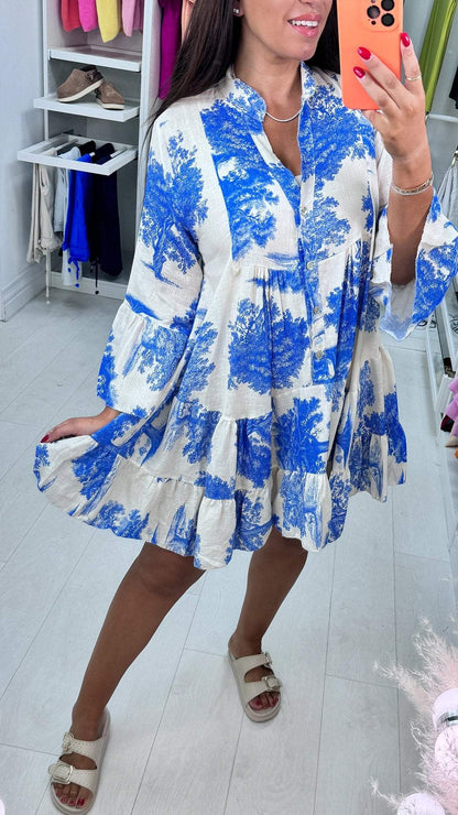 V-neck Printed Dress with Half Sleeves blue