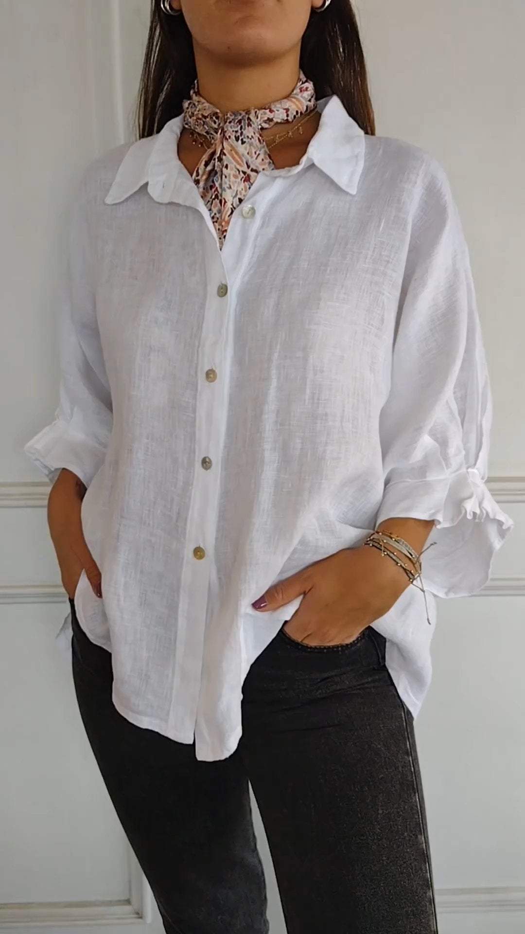 Women's Lapel Mid-sleeve Casual Cotton and Linen Top