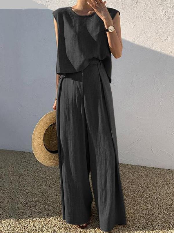 Cotton and Linen Fashion Casual Loose Two-piece Sleeveless Blouse Loose Wide Leg Pants Black