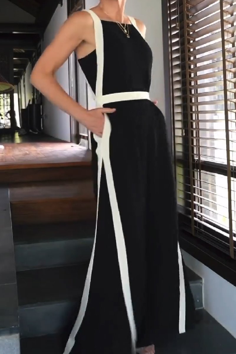 Women's Casual Black and White Patchwork Waist Jumpsuit