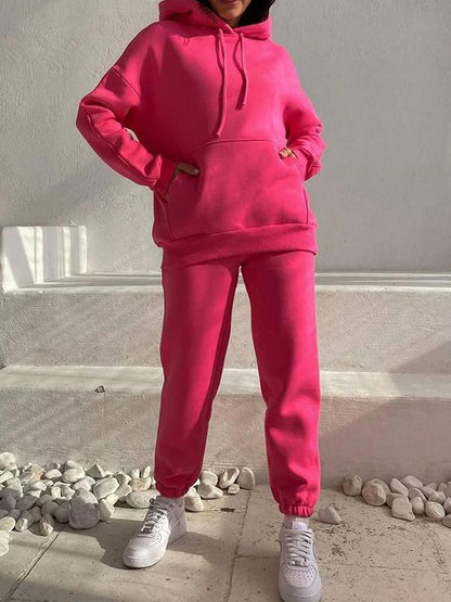 Fleece hooded sweatshirt and trousers two-piece set Rose Red