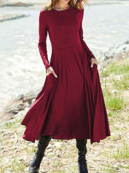 Crew Neck Plain Jersey Casual Midi Dress Deep Red