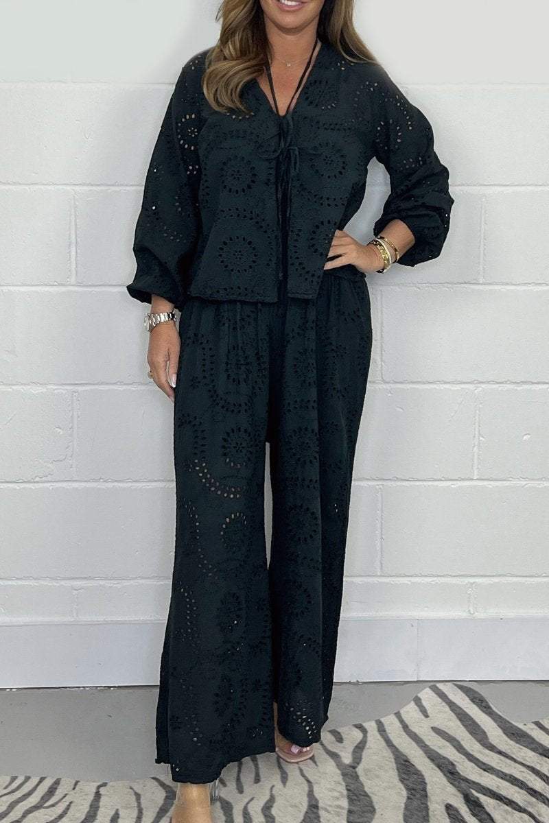 Hollow fabric jumpsuit + strappy top set Black