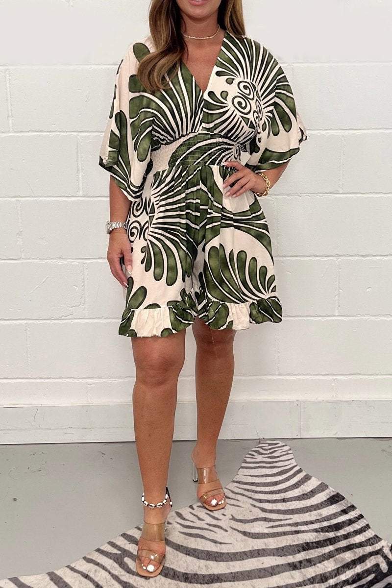 V-neck printed jumpsuit Army green