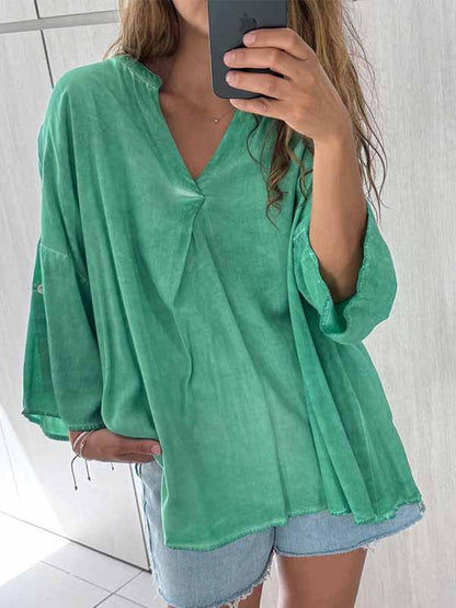 Women's V-neck Loose Cotton and Linen Top