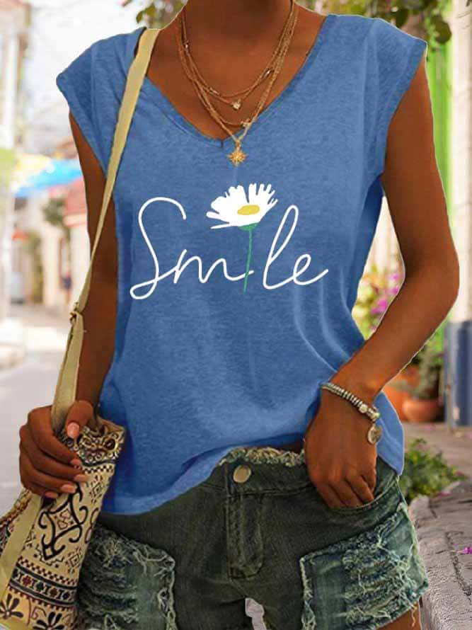 Women's Smile Flower Print Tank Top Blue