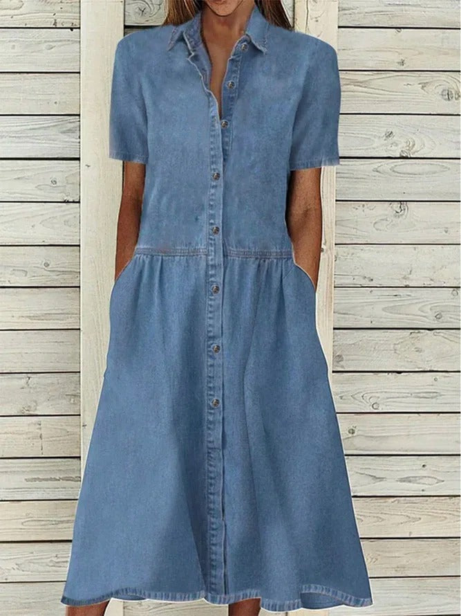 Solid Casual Denim Lapel Short Sleeve Woven Dress Blue