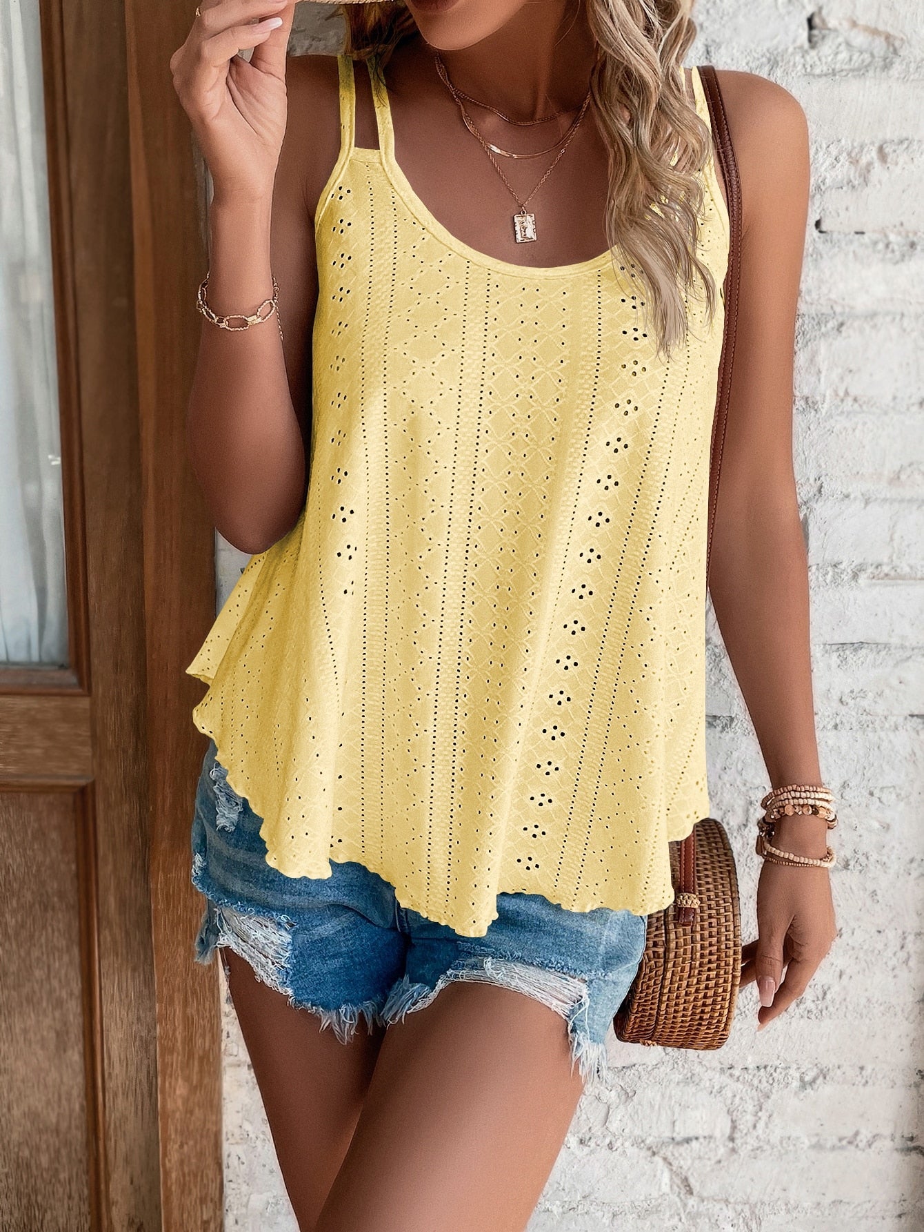 Solid Eyelet Embroidery Cami Top Yellow